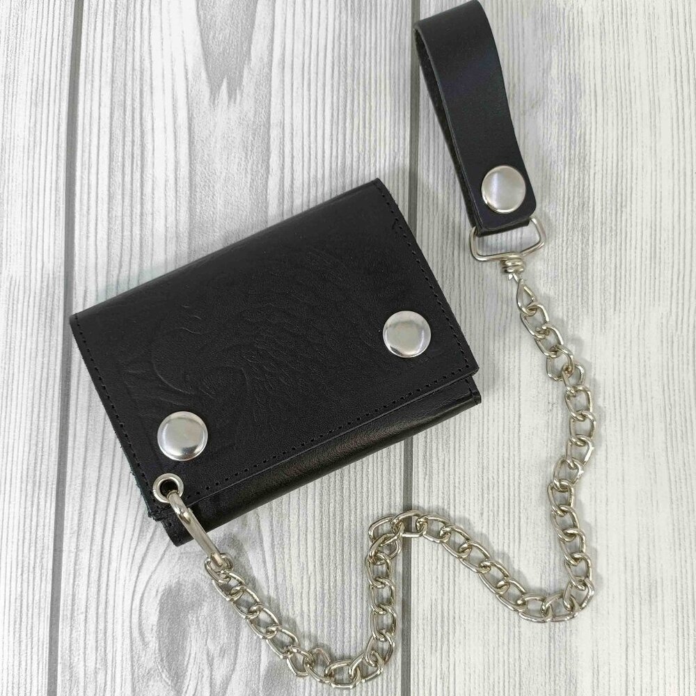 Genuine Leather Men Eagle Print Biker Trifold Long Chain Wallet